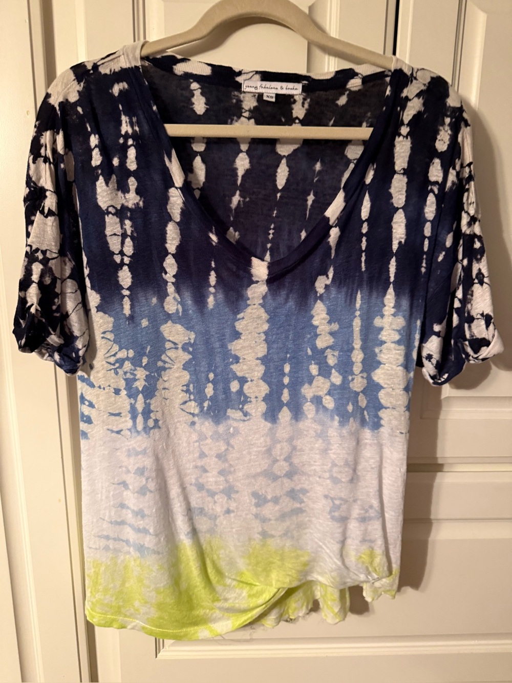 Tie-Dye V-Neck Women’s Top in Navy, White & Lime Short Sleeve linen Colton